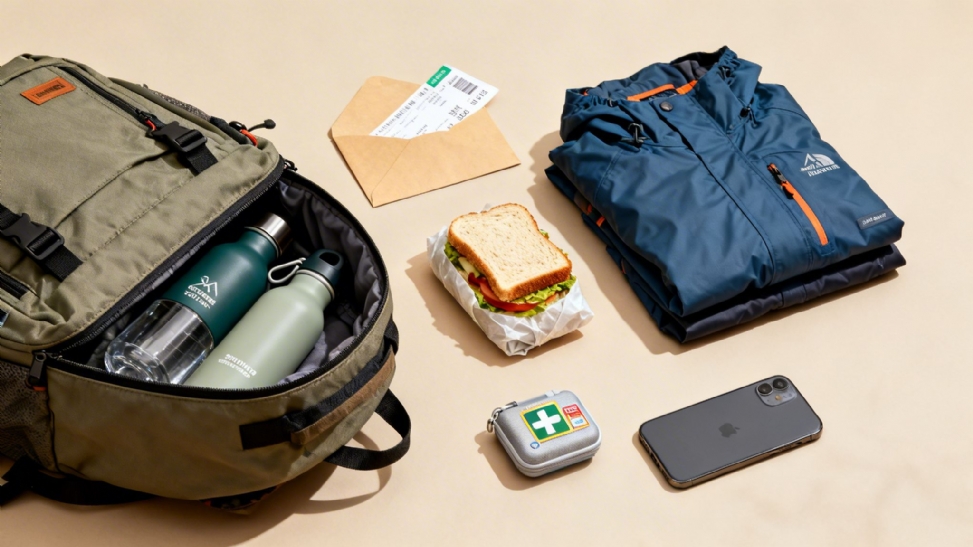 Overhead shot of travel essentials including a backpack, water bottles, sandwich, jacket, first-aid kit, and smartphone.