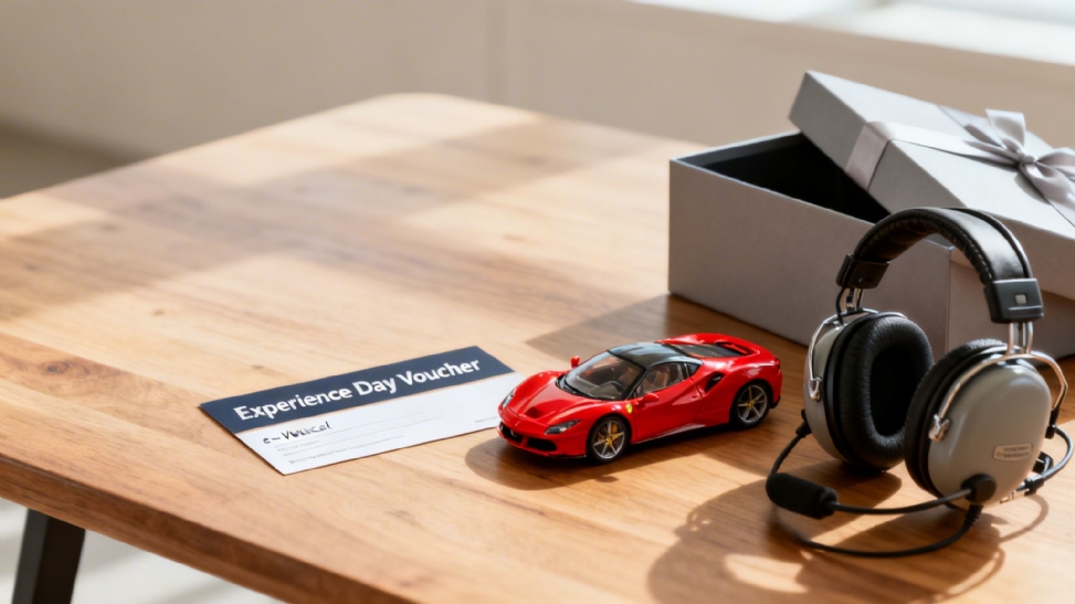 A gray gift box, headphones, a red toy sports car, and an Experience Day Voucher on a wooden table.