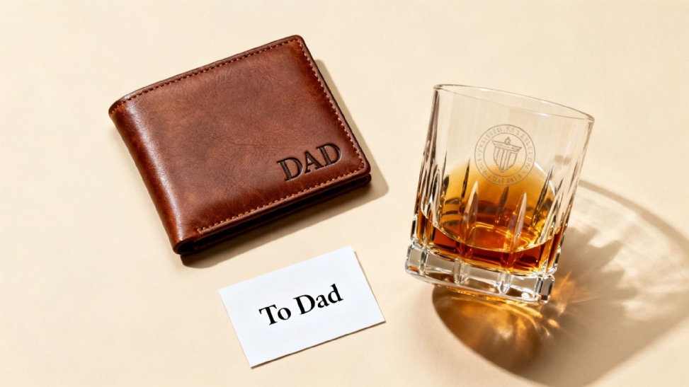 A brown leather wallet embossed with 'DAD', a glass of whiskey, and a 'To Dad' card, ideal Father's Day gifts.
