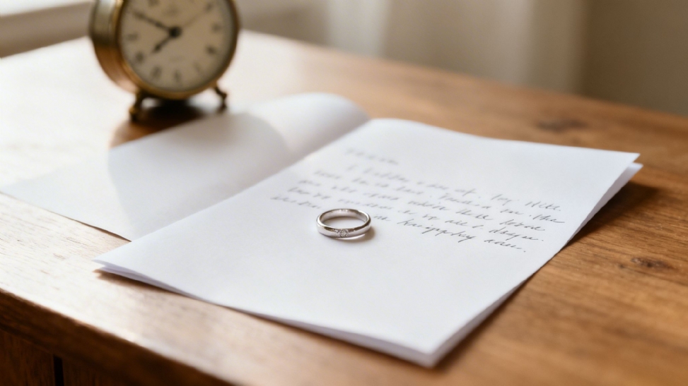 A sparkling diamond ring rests on an open handwritten love letter, next to a vintage clock on a wooden table.