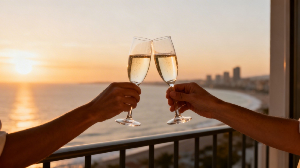 Two people clink champagne glasses together on a balcony with a sunset ocean and city view.