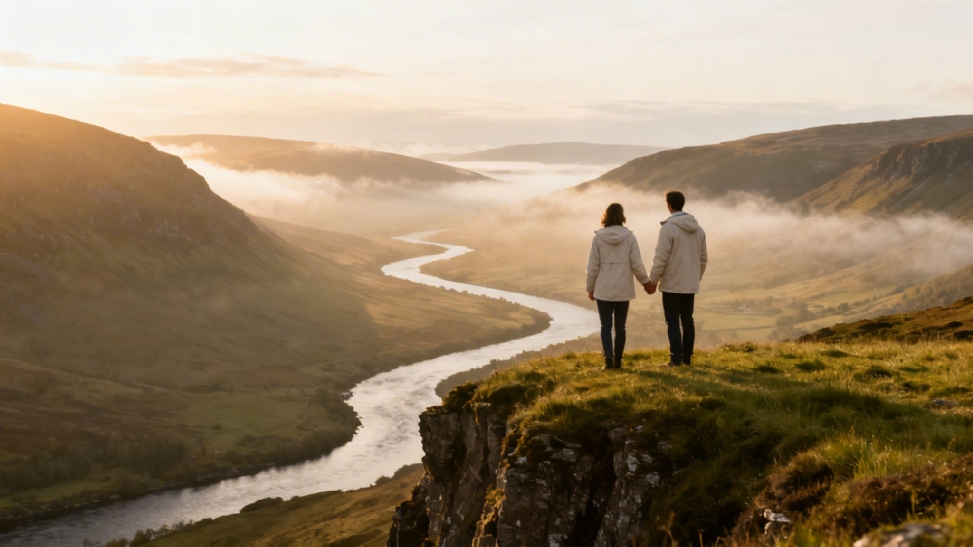 A couple holding hands on a cliff overlooking a misty valley with a winding river at sunrise.