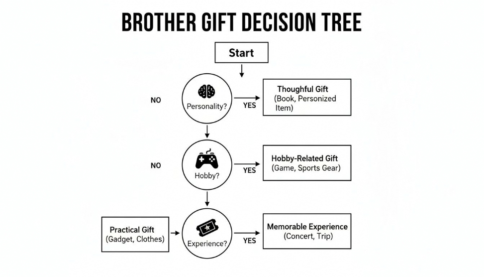 A flowchart outlining gift ideas for brothers based on personality, hobbies, or experiences.