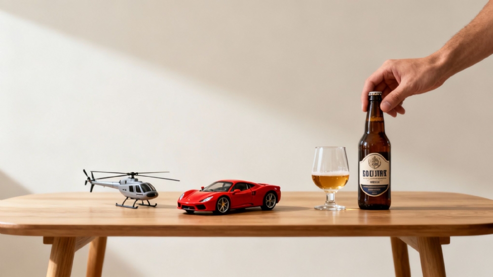 A hand places a beer bottle next to a glass, a toy helicopter, and a red sports car on a wooden table.