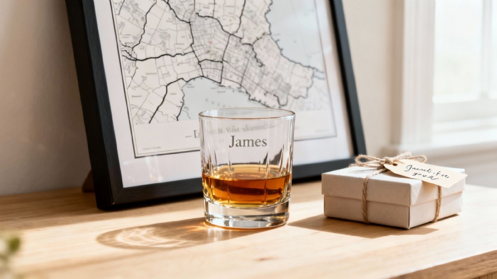A personalized whiskey glass with 'James' engraved, a gift box, and a framed map on a wooden table.