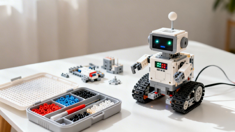 An educational robot toy made of building blocks on a white table with an organizer of colorful crafting beads.