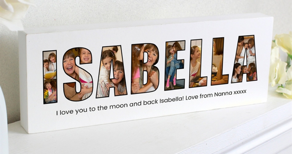 Personalized white photo block spelling "ISABELLA" with family pictures and a loving message.