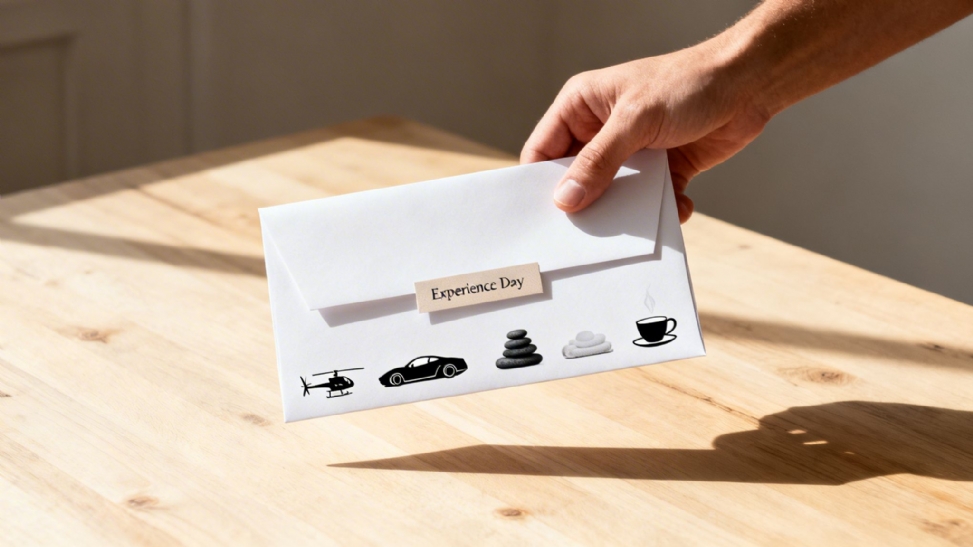 Hand holding an 'Experience Day' envelope with icons for helicopter, car, spa, and coffee, on a wooden table.