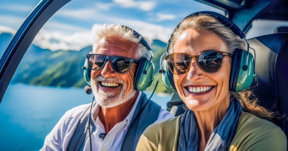 Smiling senior couple in a helicopter, wearing headsets and sunglasses, enjoying a scenic flight.