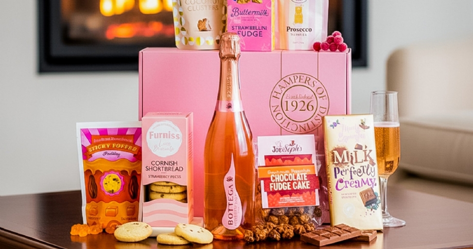 A festive pink hamper box with champagne, fudge, cookies, and chocolates, ready for a gift.
