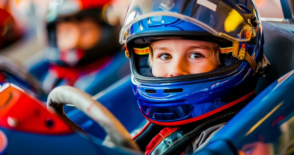 A wide-eyed child in a blue go-kart helmet looks forward, ready for a race.