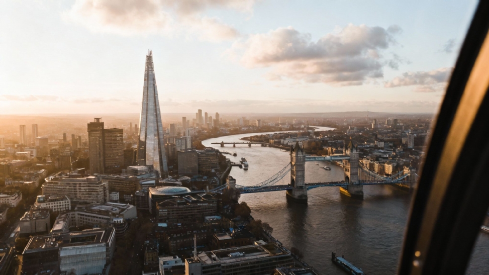 Stunning aerial view of London's skyline at sunset, featuring The Shard and Tower Bridge.