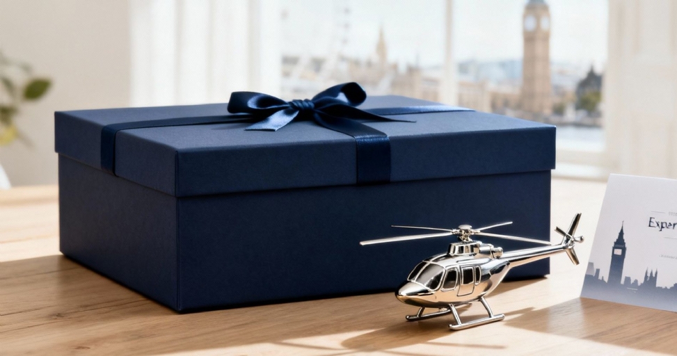 A dark blue gift box with a satin bow, a silver helicopter model, and a London experience card.