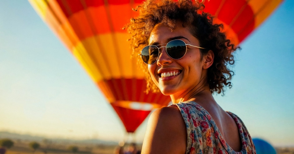 Smiling woman with curly hair and sunglasses looks back, with a hot air balloon in the background.