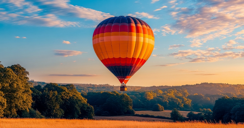 A vibrant hot air balloon floats above a golden field and lush green trees against a colorful sky.
