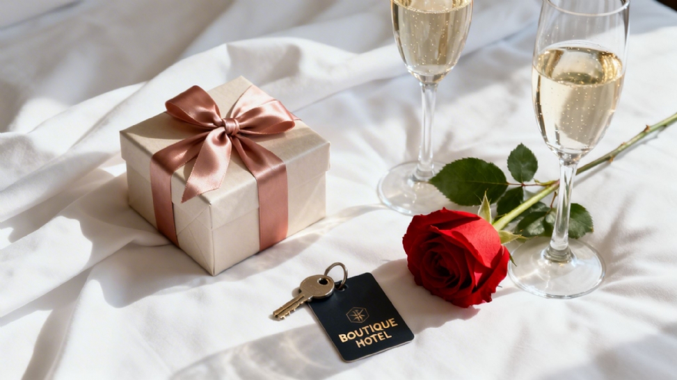 Gift, champagne, rose, and hotel key for a romantic getaway.