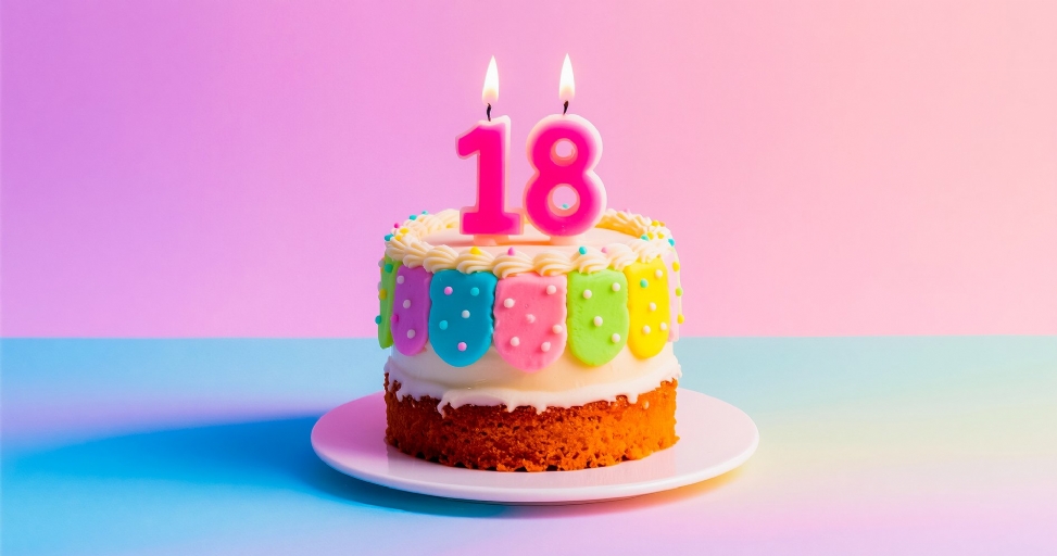 A colorful birthday cake with lit '18' candles on a white plate against a pink and blue background.
