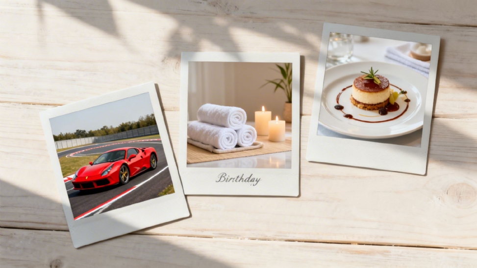 Three instant photos on a wooden table: a red sports car, spa towels, and a gourmet dessert.