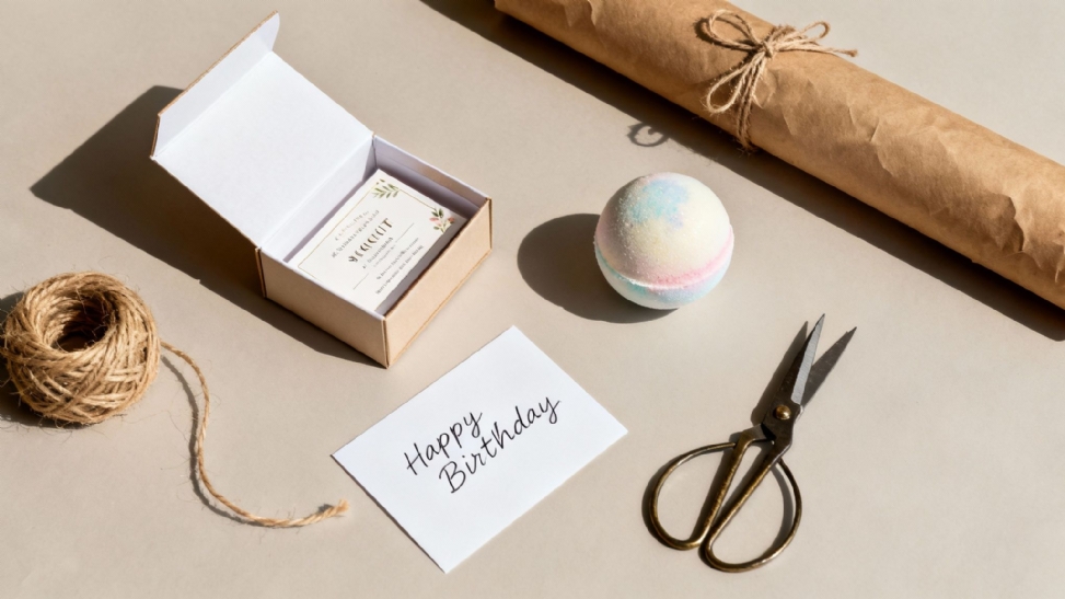 A birthday gift flat lay featuring a bath bomb, 'Happy Birthday' card, small box, craft paper, twine, and scissors.