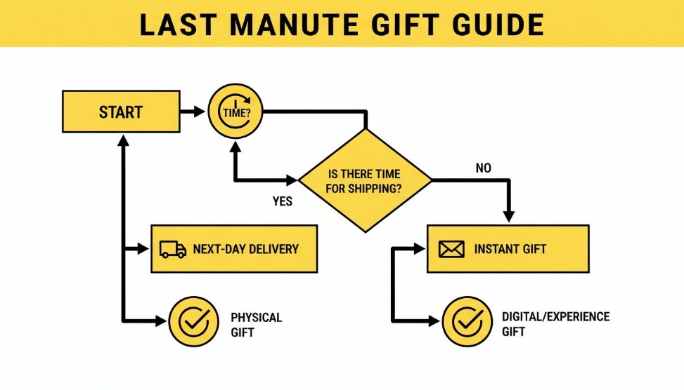 A flowchart titled 'Last Minute Gift Guide' helping choose between physical or digital gifts.