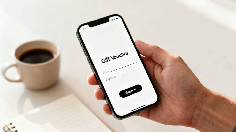 A person holding a smartphone showing a 'Gift Voucher' screen with input fields and a 'Redeem' button.