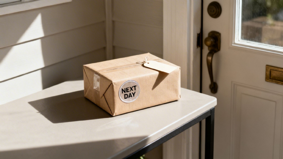 A brown package with a 'NEXT DAY' sticker and a tag sits on a table by a front door.