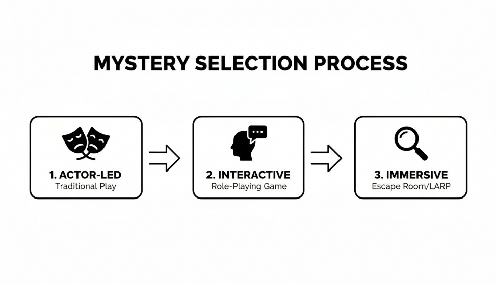 Flowchart illustrating the mystery selection process with three stages: actor-led, interactive, and immersive experiences.