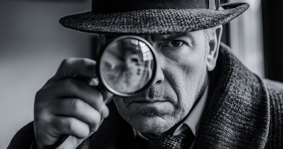 A serious-looking person in a hat and coat holds a magnifying glass to their eye.