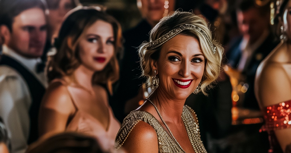 A smiling woman in a golden flapper dress and headband at a lively party.