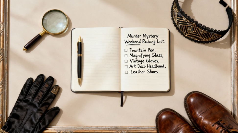 A flat lay shows a murder mystery weekend packing list with a magnifying glass, pen, gloves, headband, and shoes.