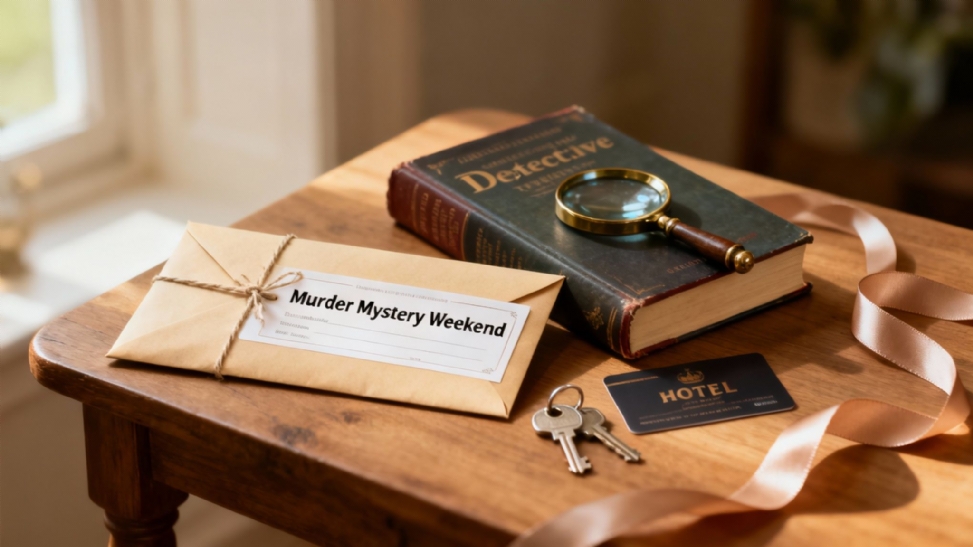 A 'Murder Mystery Weekend' envelope, detective book, magnifying glass, and hotel keys on a wooden table.