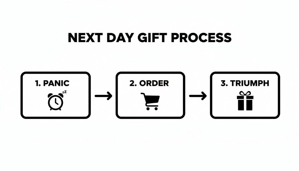 A flowchart titled 'Next Day Gift Process' showing three steps: Panic (alarm clock), Order (shopping cart), and Triumph (gift box).