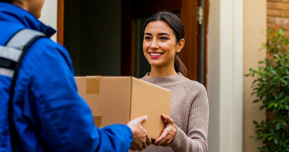 A smiling woman receives a brown cardboard package from a delivery person in a blue uniform at her doorstep.
