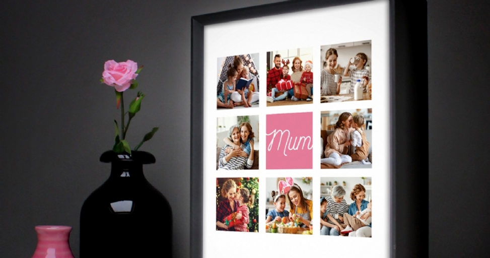 A black-framed picture collage featuring various family photos, including one with 'Mum' text, next to a pink rose in a black vase.