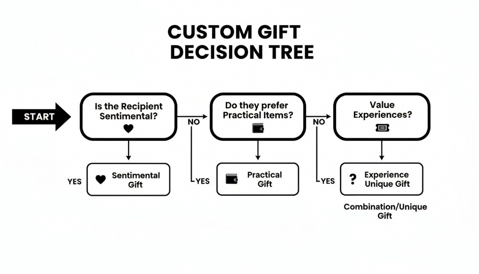 A custom gift decision tree flowchart, guiding choices based on sentimentality, practicality, and experiences.