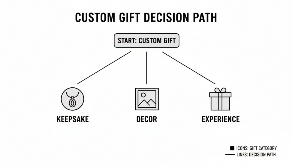 A decision path flowchart illustrates custom gift options: keepsake, decor, and experience, branching from 'Start: Custom Gift'.