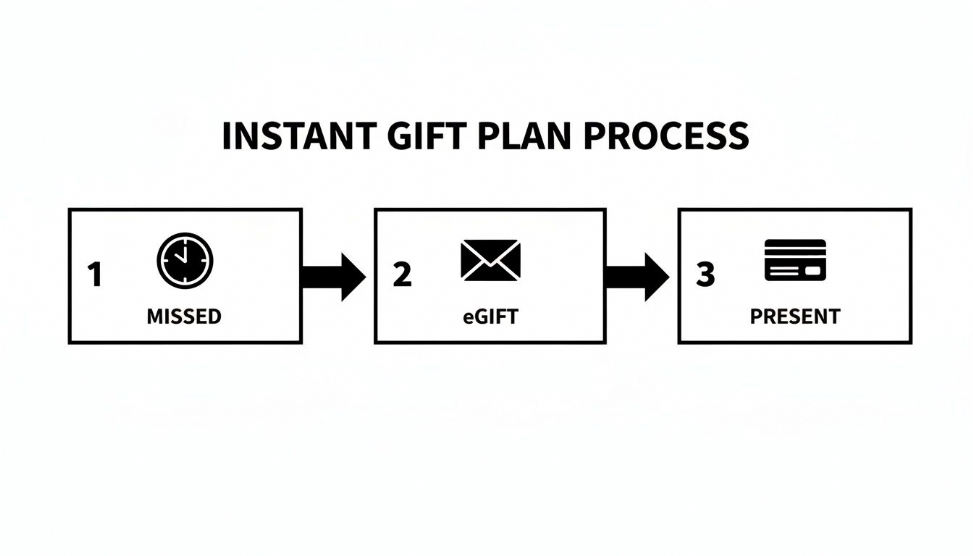 A flowchart showing the 'Instant Gift Plan Process' with three steps: Missed, eGift, and Present.