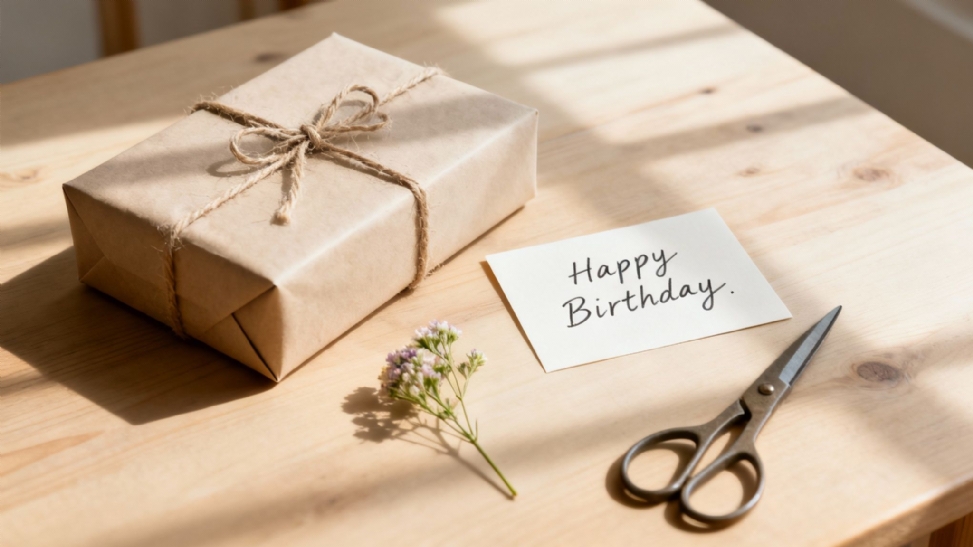 A beautifully wrapped birthday gift with a 'Happy Birthday' card, small flowers, and scissors on a wooden table.
