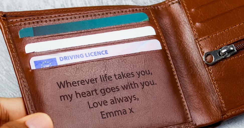 A brown leather wallet open, showing a personalized engraved message and a driving license.