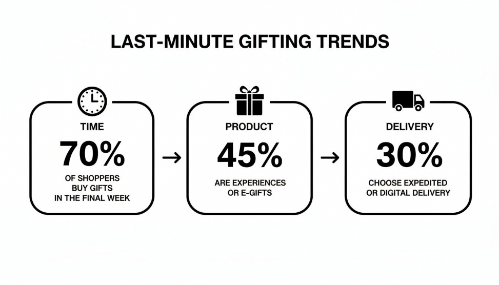 Infographic showing last-minute gifting trends: 70% buy in final week, 45% experiences/e-gifts, 30% expedited/digital delivery.