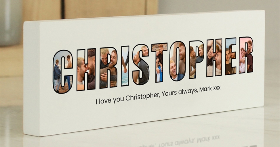 A white personalized photo block spells 'CHRISTOPHER' with images of a couple and a loving message below.