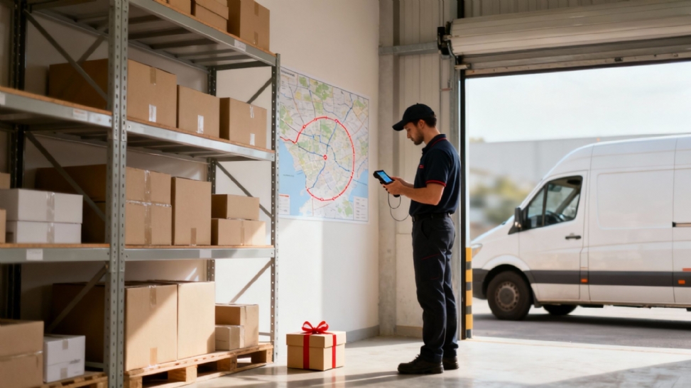 A delivery man scans a package in a warehouse with shelves, a map, and a white van.