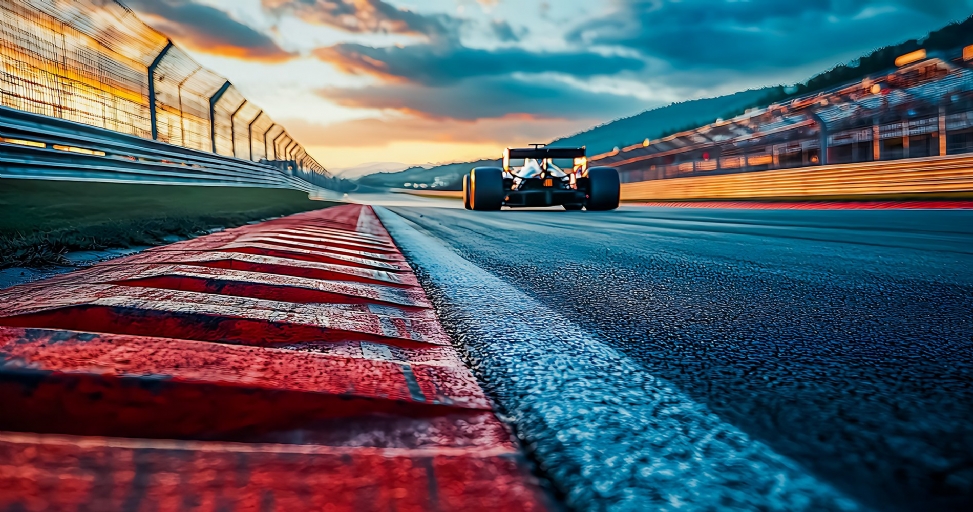 A dramatic low-angle shot of a Formula 1 car speeding on a track at sunrise or sunset.