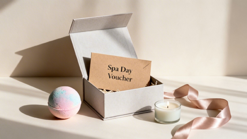 A spa day voucher in an open gift box with a colorful bath bomb, lit candle, and ribbon.