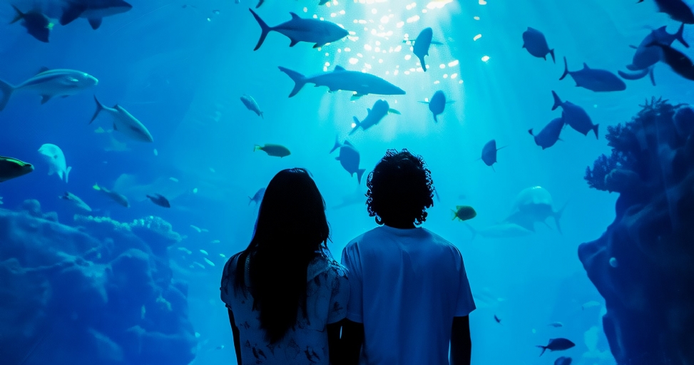 Two people observe a large aquarium filled with sharks and many other fish in blue water.