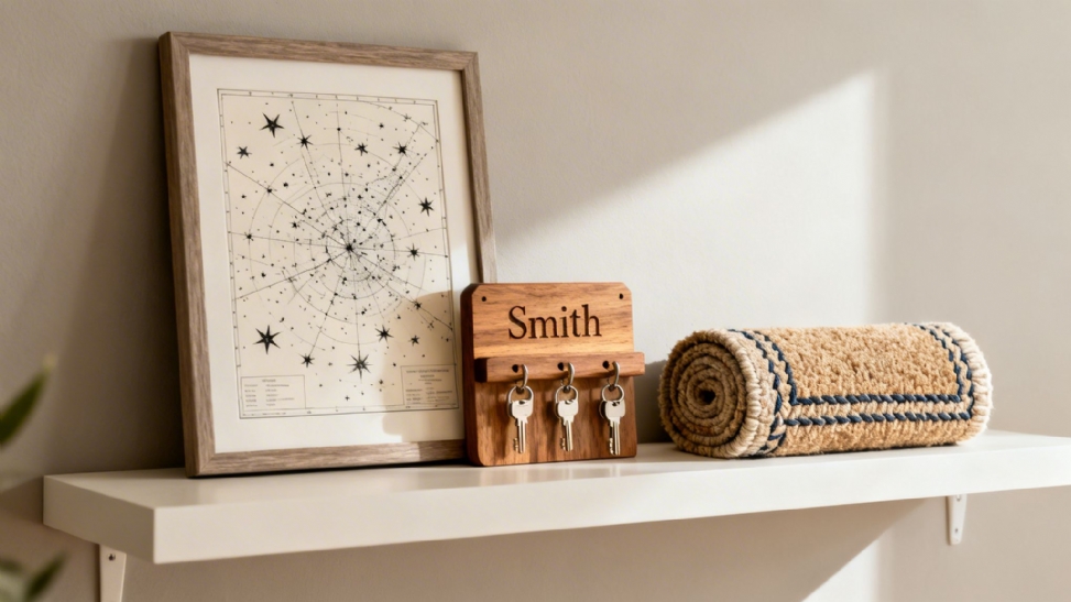 A white shelf displays a framed star chart, a wooden 'Smith' key holder with keys, and a rolled rug.