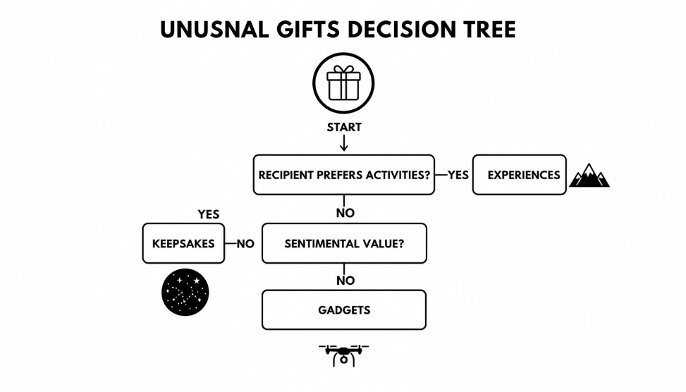 A decision tree flowchart titled 'Unusual Gifts Decision Tree' guides choosing gifts based on recipient's preferences.