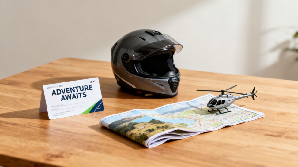 A gray motorcycle helmet, a toy helicopter on a folded map, and an 'Adventure Awaits' sign on a wooden table.