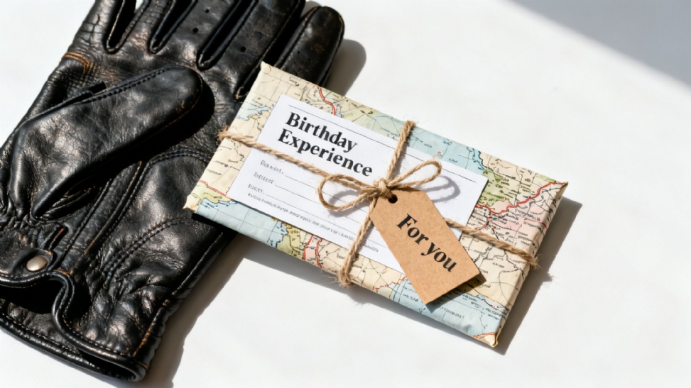 Black leather driving gloves next to a map-wrapped 'Birthday Experience' gift with a 'For you' tag.
