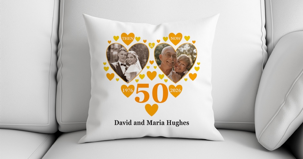 A white anniversary pillow with heart-shaped photos of a couple, 'THEN' and 'NOW', celebrating 50 years.